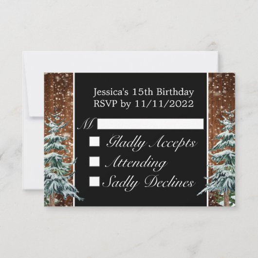 Zwart besneeuwd hout & bosden Tiara Qinceanera RSVP Kaartje (Achterkant)
