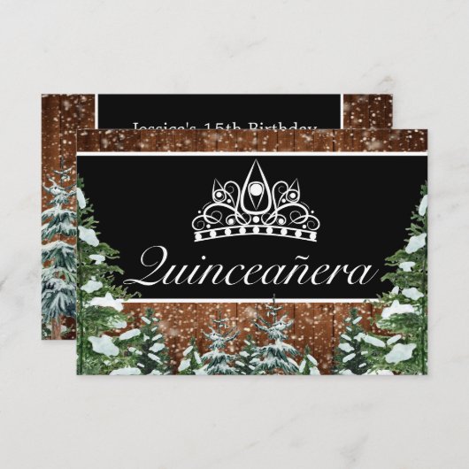 Zwart besneeuwd hout & bosden Tiara Qinceanera RSVP Kaartje (Voorkant / Achterkant)