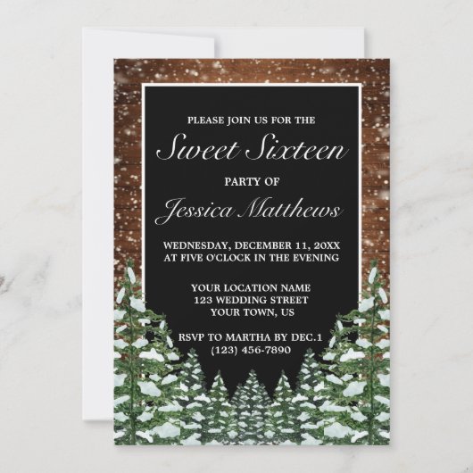 Zwart besneeuwd hout & bosden tiara zoet 16 kaart (Voorkant)