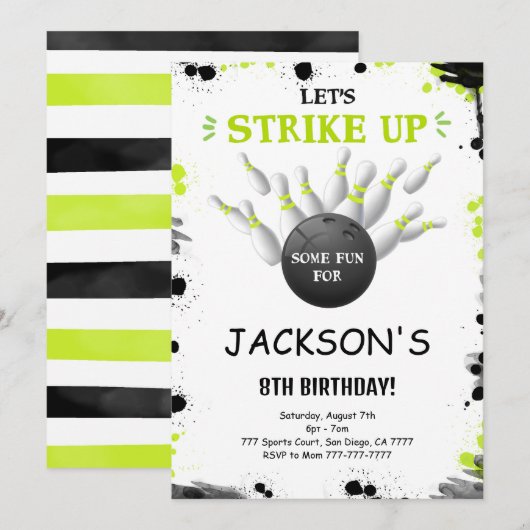 Zwart bewerkbare bowling uitnodiging (Voorkant / Achterkant)