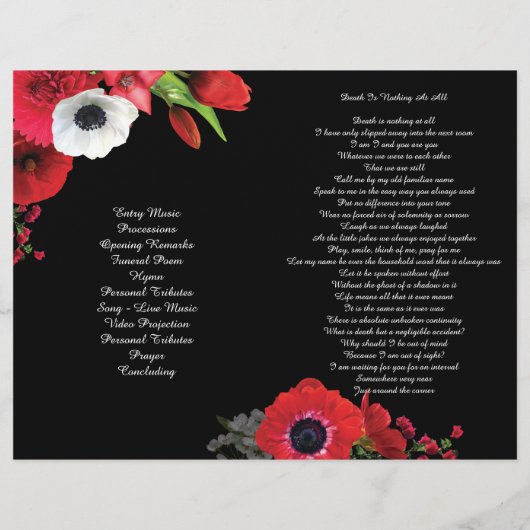 Zwart BiFold Red Flowers Funeral Programme Flyer (Achterkant)