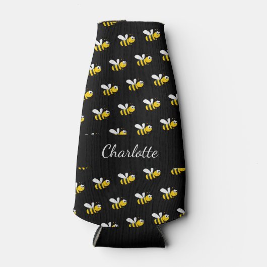 Zwart bijen leuk humor monogram script flesjeskoeler (Voorkant)