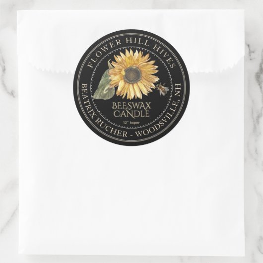 Zwart Bijenwas Kaarsetiket Zonnebloem Gouden Tekst Ronde Sticker (Tas)