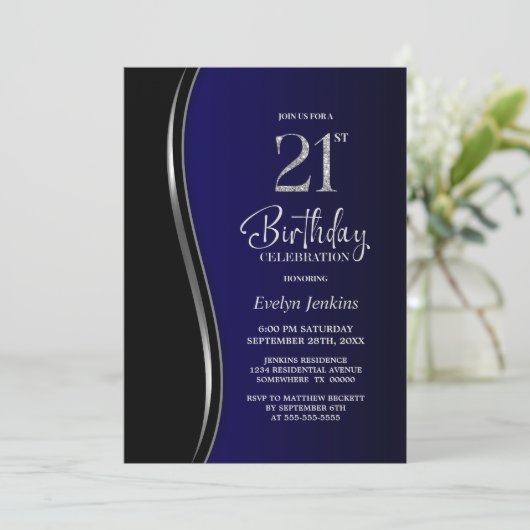 Zwart Blauw 21ste Verjaardagsfeest Kaart (Staand voorkant)