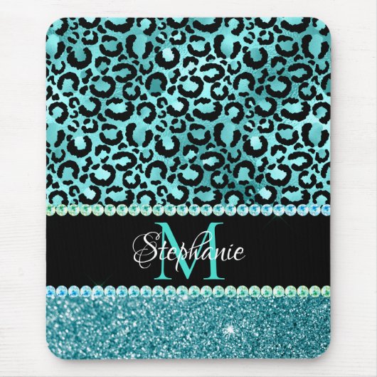 Zwart-blauw Blauwgroen leopard Girly Glam Monogram Muismat (Voorkant)