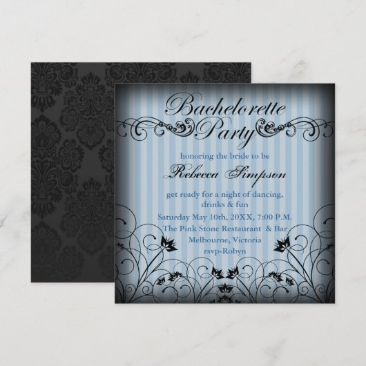 Zwart & Blauw Bloemen Chic Bachelorette Uitnodigen Kaart (Voorkant / Achterkant)