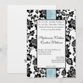 Zwart/Blauw Bloemen Damask Bruiloft Uitnodiging (Voorkant / Achterkant)