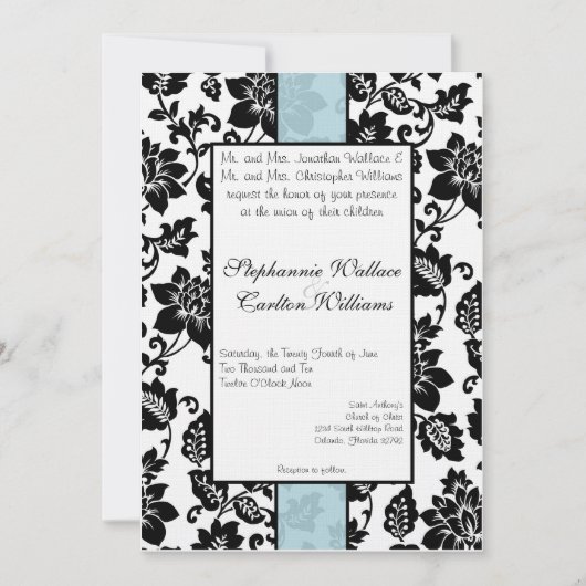 Zwart/Blauw Bloemen Damask Bruiloft Uitnodiging (Voorkant)