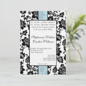 Zwart/Blauw Bloemen Damask Bruiloft Uitnodiging (Staand voorkant)