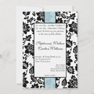 Zwart/Blauw Bloemen Damask Bruiloft Uitnodiging