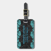 Zwart & Blauw  Bloemen Damasks Bagagelabel (Voorkant verticaal)