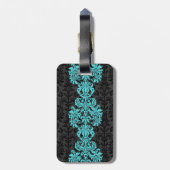 Zwart & Blauw  Bloemen Damasks Bagagelabel (Achterkant verticaal)