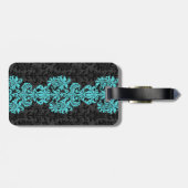 Zwart & Blauw  Bloemen Damasks Bagagelabel (Achterkant horizontaal)