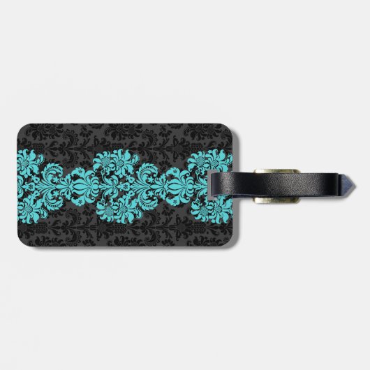 Zwart & Blauw  Bloemen Damasks Bagagelabel (Achterkant horizontaal)