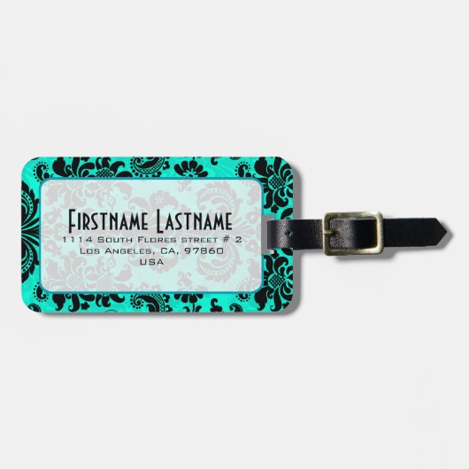 Zwart & Blauw  Bloemen Damasks Gepersonaliseerd Bagagelabel (Voorkant horizontaal)