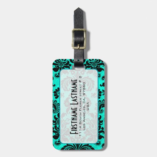 Zwart & Blauw  Bloemen Damasks Gepersonaliseerd Bagagelabel (Voorkant verticaal)