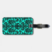 Zwart & Blauw  Bloemen Damasks Gepersonaliseerd Bagagelabel (Achterkant horizontaal)