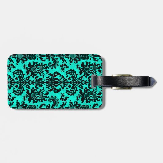 Zwart & Blauw  Bloemen Damasks Gepersonaliseerd Bagagelabel (Achterkant horizontaal)