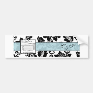Zwart/Blauw Bloemen Damast Bruiloft Fles Label Bumpersticker