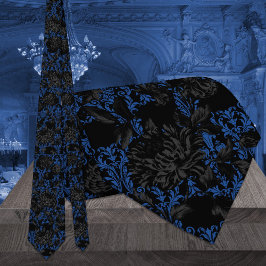 Zwart & Blauw Bloemendamask Gotische Bruiloft Stropdas