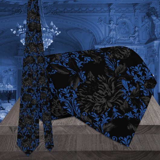 Zwart & Blauw Bloemendamask Gotische Bruiloft Stropdas