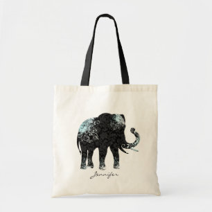 Zwart & Blauw Bloemenolifant Tote Bag