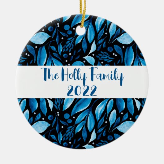 Zwart-blauw-botanisch gepersonaliseerd versierings keramisch ornament (Voorkant)