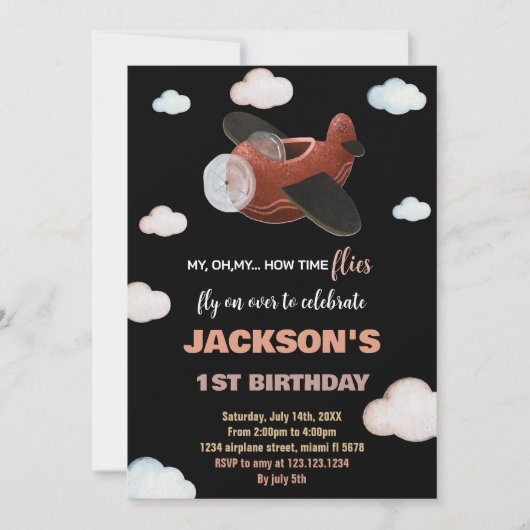 Zwart Blauw Bruin Vliegtuig Verjaardag Uitnodiging (Voorkant)