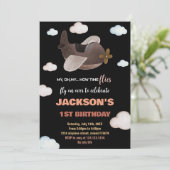 Zwart Blauw Bruin Vliegtuig Verjaardag Uitnodiging (Staand voorkant)