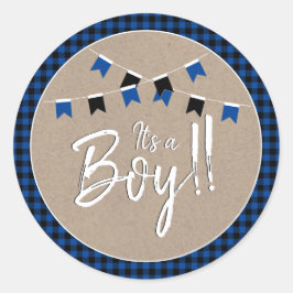 Zwart + Blauw Buffalo Plaid Het is een jongen Baby Ronde Sticker