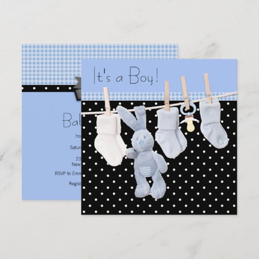 Zwart Blauw Clothesline Baby Boy Shower Kaart (Voorkant / Achterkant)