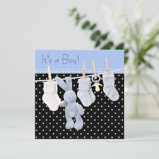 Zwart Blauw Clothesline Baby Boy Shower Kaart (Staand voorkant)