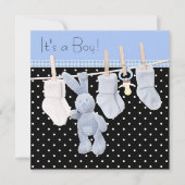 Zwart Blauw Clothesline Baby Boy Shower Kaart (Voorkant)