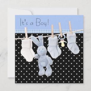 Zwart Blauw Clothesline Baby Boy Shower Kaart
