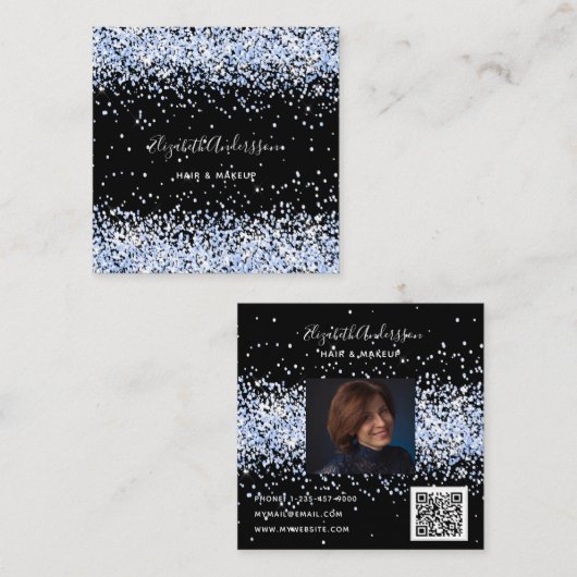 Zwart blauw confetti profiel foto qr code vierkante visitekaartje (Voorkant / Achterkant)