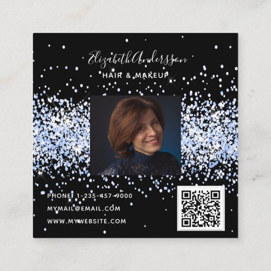 Zwart blauw confetti profiel foto qr code vierkante visitekaartje (Achterkant)
