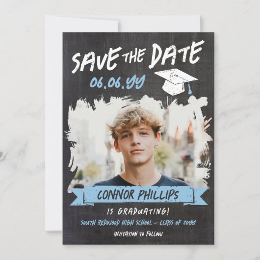 Zwart Blauw Cool Chalk Foto Afstuderen Save The Date (Voorkant)