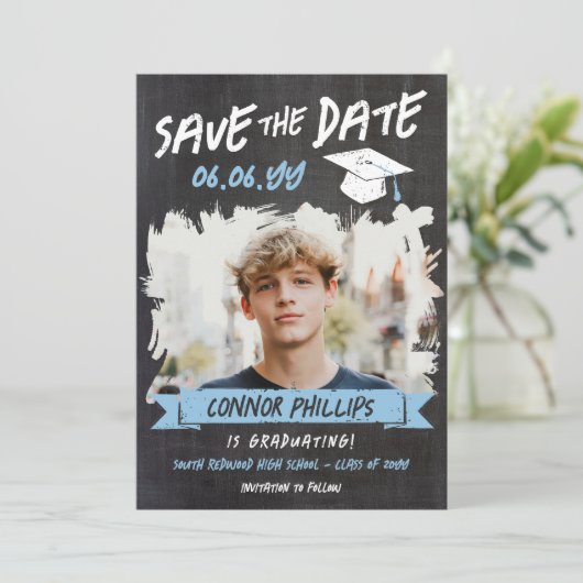 Zwart Blauw Cool Chalk Foto Afstuderen Save The Date (Staand voorkant)