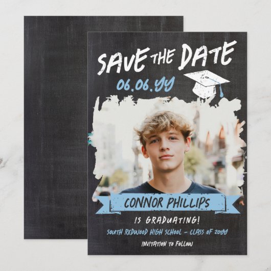 Zwart Blauw Cool Chalk Foto Afstuderen Save The Date (Voorkant / Achterkant)