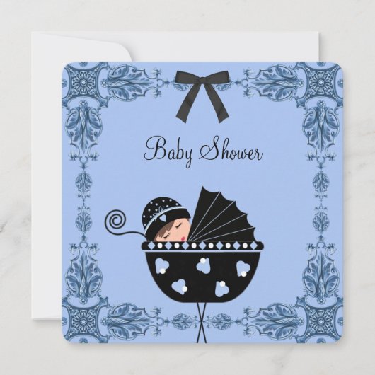 Zwart Blauw Damask Baby Boy Shower Kaart (Voorkant)