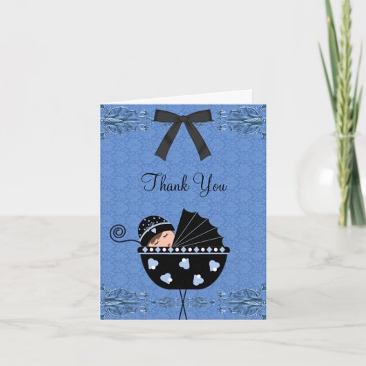 Zwart Blauw Damask Baby shower Bedankt Kaarten (Voorkant)