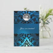 ZWART & BLAUW DAMAST EDELSTEEN INITIALEN white Kaart (Staand voorkant)
