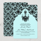 Zwart Blauw Damast Kroonluchter Bruiloft Uitnodigi Kaart (Voorkant / Achterkant)