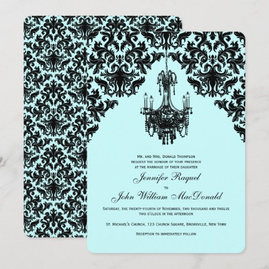 Zwart Blauw Damast Kroonluchter Bruiloft Uitnodigi Kaart (Voorkant / Achterkant)