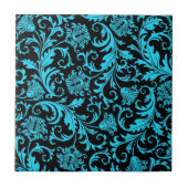 Zwart & Blauw Elegant Bloemen Damast Patroon Tegeltje (Voorkant)