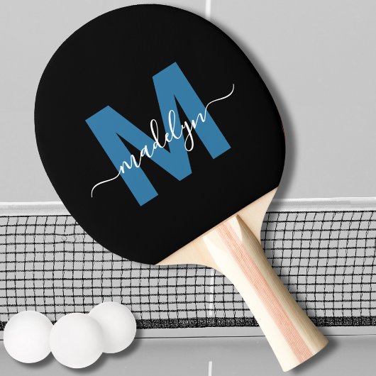 Zwart Blauw Elegant Script Naam Monogram Tafeltennisbatje