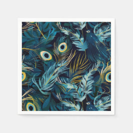 Zwart, blauw en geel pauwenveren patroon servet