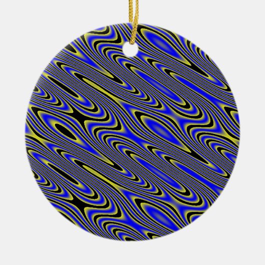 Zwart blauw en geel zwirly patroon keramisch ornament (Voorkant)