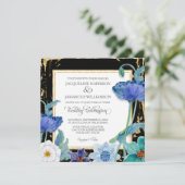 Zwart Blauw en Wit Waterverf Bloemig Goud Lijst Kaart (Staand voorkant)