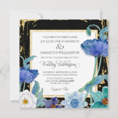 Zwart Blauw en Wit Waterverf Bloemig Goud Lijst Kaart (Voorkant)